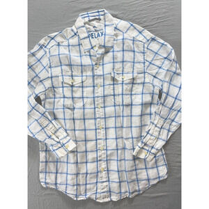 Tommy Bahama Relax Log Sleeve Button Front 100% Linen Sport Shirt. Blue Check, L